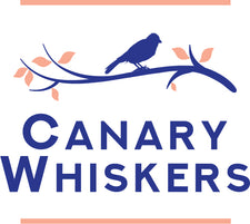Logo with Canary Whiskers words and canary bird sitting on a branch